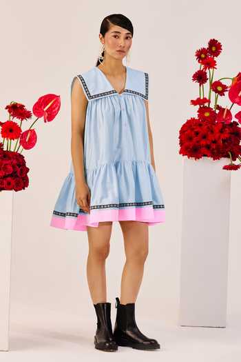 Buy_Therealb_Blue Cotton Embroidery Square Collar Pastel A-line Mini Dress _Online_at_Aza_Fashions