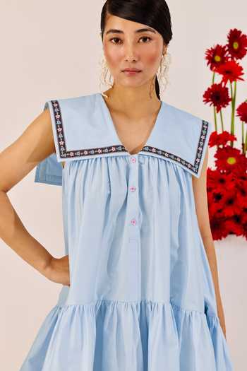Shop_Therealb_Blue Cotton Embroidery Square Collar Pastel A-line Mini Dress _Online_at_Aza_Fashions