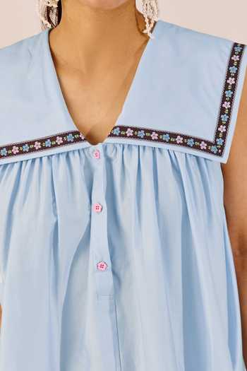 Therealb_Blue Cotton Embroidery Square Collar Pastel A-line Mini Dress _at_Aza_Fashions