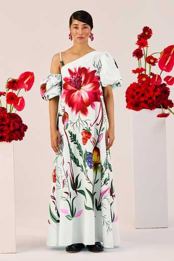 Buy_Therealb_Blue Cotton One Shoulder Ice Floral Print Maxi Dress _at_Aza_Fashions