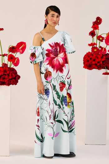 Buy_Therealb_Blue Cotton One Shoulder Ice Floral Print Maxi Dress _Online_at_Aza_Fashions