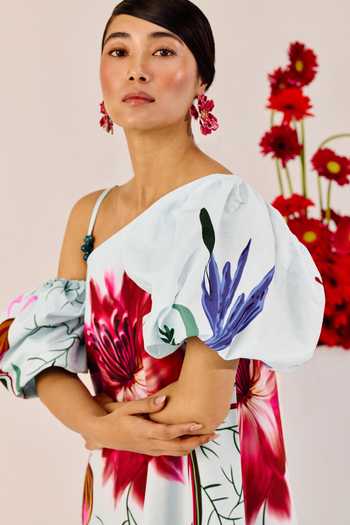 Therealb_Blue Cotton One Shoulder Ice Floral Print Maxi Dress _at_Aza_Fashions