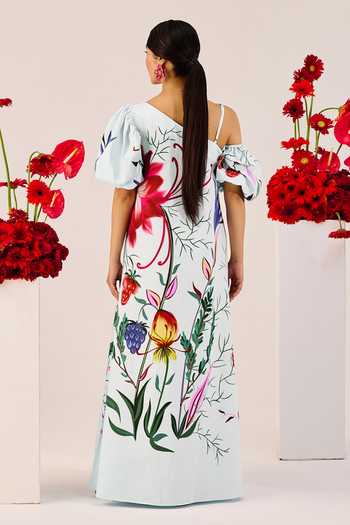 Shop_Therealb_Blue Cotton One Shoulder Ice Floral Print Maxi Dress _at_Aza_Fashions