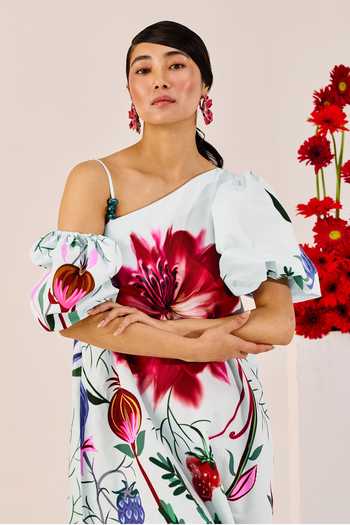 Buy_Therealb_Blue Cotton One Shoulder Ice Floral Print Maxi Dress 