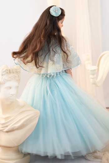 Shop_Ruchika Lath Label_Blue Satin, Tulle Sequins, Beads, Pearls, Applique Embroidered Cape Lehenga Set _at_Aza_Fashions
