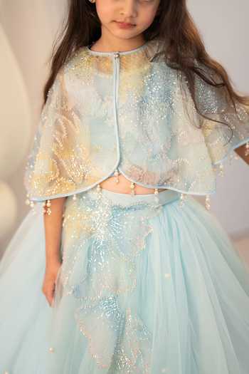 Ruchika Lath Label_Blue Satin, Tulle Sequins, Beads, Pearls, Applique Embroidered Cape Lehenga Set _Online_at_Aza_Fashions