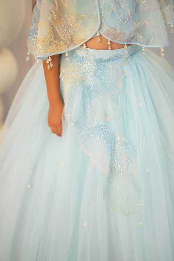 Buy_Ruchika Lath Label_Blue Satin, Tulle Sequins, Beads, Pearls, Applique Embroidered Cape Lehenga Set _Online_at_Aza_Fashions