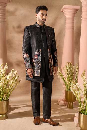 Buy_Arihant Rai Sinha_Black Silk Embroidery, Sequins Floral Pattern Sherwani Set _Online