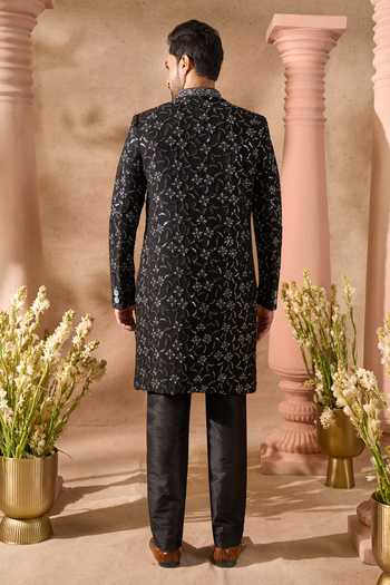 Arihant Rai Sinha_Black Silk Embroidery Sherwani And Pant Set _Online_at_Aza_Fashions