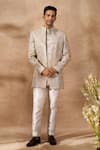 Buy_Arihant Rai Sinha_Grey Silk, Dupion Embroidery Floral Pattern Sherwani Set _at_Aza_Fashions