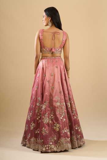 Samyukta Singhania_Pink Tissue, Net Embroidery, Sequins, Zari, Stones Scoop Neck Lehenga Set _Online_at_Aza_Fashions