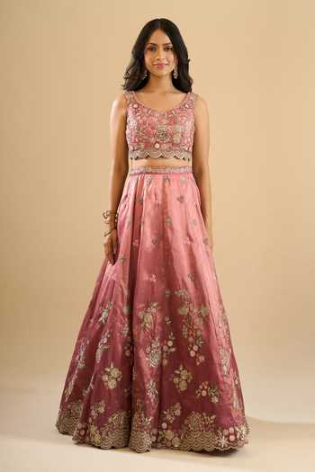 Buy_Samyukta Singhania_Pink Tissue, Net Embroidery, Sequins, Zari, Stones Scoop Neck Lehenga Set _Online_at_Aza_Fashions