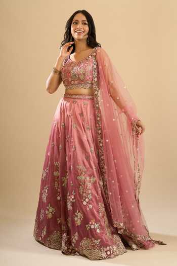 Shop_Samyukta Singhania_Pink Tissue, Net Embroidery, Sequins, Zari, Stones Scoop Neck Lehenga Set _Online_at_Aza_Fashions