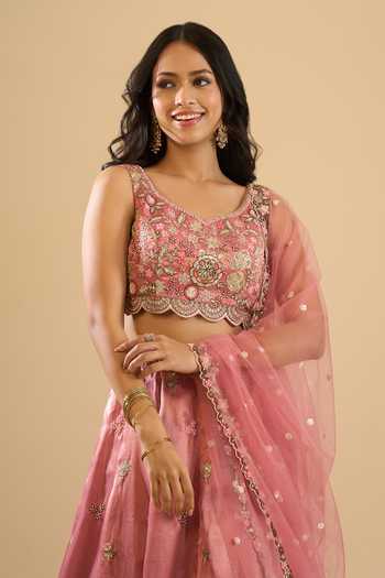 Buy_Samyukta Singhania_Pink Tissue, Net Embroidery, Sequins, Zari, Stones Scoop Neck Lehenga Set 
