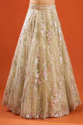 Buy_Samyukta Singhania_Green Net Sequins Sweetheart Neck Floral Embroidered Lehenga Set _Online_at_Aza_Fashions