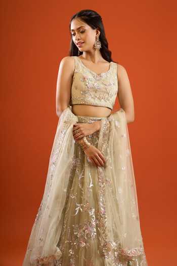 Shop_Samyukta Singhania_Green Net Sequins Sweetheart Neck Floral Embroidered Lehenga Set _Online_at_Aza_Fashions