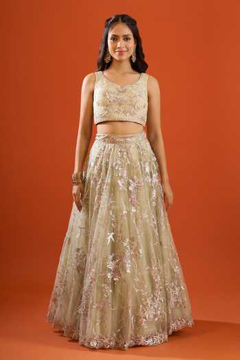 Buy_Samyukta Singhania_Green Net Sequins Sweetheart Neck Floral Embroidered Lehenga Set 