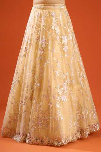 Shop_Samyukta Singhania_Yellow Net Sequins V-neck Floral Embroidered Lehenga Set _Online_at_Aza_Fashions