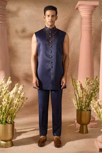 Arihant Rai Sinha_Blue Silk Embroidery Sherwani Set 