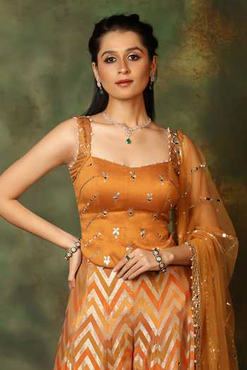Archana Kochhar_Orange Silk, Net Zari, Mirrors Square Neck Rangmanch Short Kurta Sharara Set _Online_at_Aza_Fashions