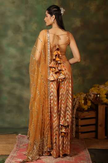 Shop_Archana Kochhar_Orange Silk, Net Zari, Mirrors Square Neck Rangmanch Short Kurta Sharara Set _at_Aza_Fashions