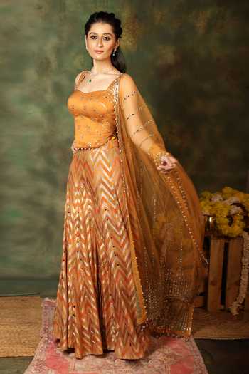 Buy_Archana Kochhar_Orange Silk, Net Zari, Mirrors Square Neck Rangmanch Short Kurta Sharara Set _Online_at_Aza_Fashions