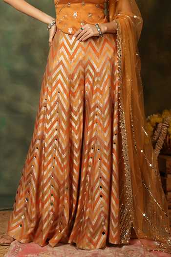 Shop_Archana Kochhar_Orange Silk, Net Zari, Mirrors Square Neck Rangmanch Short Kurta Sharara Set _Online_at_Aza_Fashions