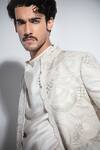 Shop_Arjan Dugal_Off White Silk, Organza, Rayon Embroidery Tonal Pattern Sherwani Jacket Set _Online_at_Aza_Fashions