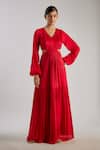 Essay By Sumedha Agrawal_Red Bemberg, Satin, Chiffon V-neck Pleated Maxi Dress _Online_at_Aza_Fashions