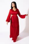 Buy_Essay By Sumedha Agrawal_Red Bemberg, Satin, Chiffon V-neck Pleated Maxi Dress _Online_at_Aza_Fashions