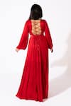Shop_Essay By Sumedha Agrawal_Red Bemberg, Satin, Chiffon V-neck Pleated Maxi Dress _at_Aza_Fashions