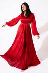 Buy_Essay By Sumedha Agrawal_Red Bemberg, Satin, Chiffon V-neck Pleated Maxi Dress _at_Aza_Fashions