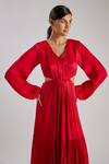 Buy_Essay By Sumedha Agrawal_Red Bemberg, Satin, Chiffon V-neck Pleated Maxi Dress 