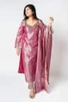 Buy_Essay By Sumedha Agrawal_Pink Tissue Sequins, Zari, Mirrors Leaf Neck Embroidered Kurta Pant Set _at_Aza_Fashions