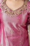 Essay By Sumedha Agrawal_Pink Tissue Sequins, Zari, Mirrors Leaf Neck Embroidered Kurta Pant Set _at_Aza_Fashions