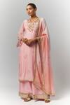 Buy_Essay By Sumedha Agrawal_Pink Organza, Viscose Sequins, Zari, Mirrors V-neck Embellished Kurta Set _at_Aza_Fashions