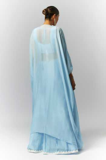 Shop_Essay By Sumedha Agrawal_Blue Organza, Viscose Embroidery, Beads, Pearls, Applique Cape Lehenga Set _at_Aza_Fashions