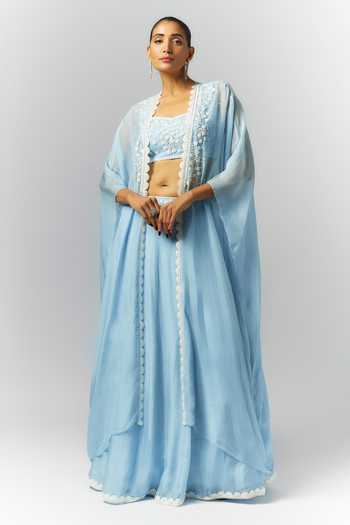 Buy_Essay By Sumedha Agrawal_Blue Organza, Viscose Embroidery, Beads, Pearls, Applique Cape Lehenga Set _at_Aza_Fashions