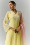 Essay By Sumedha Agrawal_Yellow Organza, Viscose Lace, Pearls, Mirrors V-neck Embellished Kurta Pant Set _Online_at_Aza_Fashions