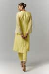 Shop_Essay By Sumedha Agrawal_Yellow Organza, Viscose Lace, Pearls, Mirrors V-neck Embellished Kurta Pant Set _at_Aza_Fashions