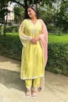 Essay By Sumedha Agrawal_Yellow Organza, Viscose Lace, Pearls, Mirrors V-neck Embellished Kurta Pant Set _at_Aza_Fashions