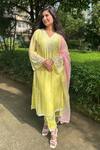 Buy_Essay By Sumedha Agrawal_Yellow Organza, Viscose Lace, Pearls, Mirrors V-neck Embellished Kurta Pant Set _at_Aza_Fashions