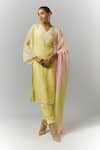 Buy_Essay By Sumedha Agrawal_Yellow Organza, Viscose Lace, Pearls, Mirrors V-neck Embellished Kurta Pant Set 