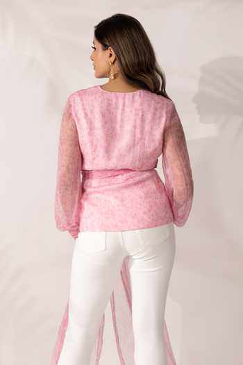 Shop_Essay By Sumedha Agrawal_Pink Chiffon V-neck Floral Print Wrap Top _at_Aza_Fashions