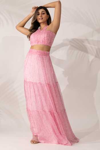 Buy_Essay By Sumedha Agrawal_Pink Chiffon Halter Neck Top And Skirt Set _at_Aza_Fashions