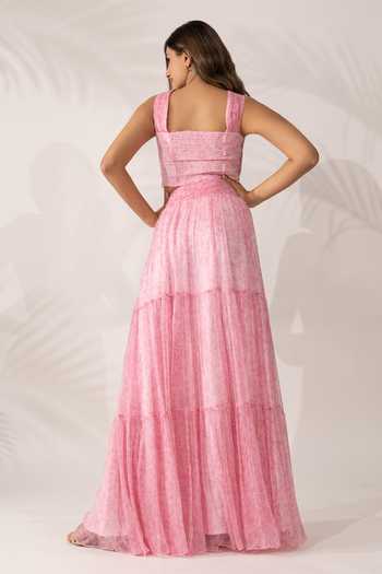 Shop_Essay By Sumedha Agrawal_Pink Chiffon Halter Neck Top And Skirt Set _at_Aza_Fashions
