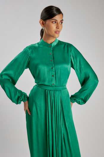 Essay By Sumedha Agrawal_Emerald Green Satin, Chiffon, Bemberg Mandarin Collar Shirt And Skirt Set _Online_at_Aza_Fashions