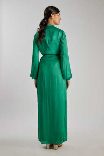 Shop_Essay By Sumedha Agrawal_Emerald Green Satin, Chiffon, Bemberg Mandarin Collar Shirt And Skirt Set _at_Aza_Fashions