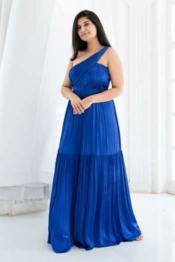 Essay By Sumedha Agrawal_Blue Bemberg, Satin, Chiffon One Shoulder Pleated Maxi Dress _Online_at_Aza_Fashions