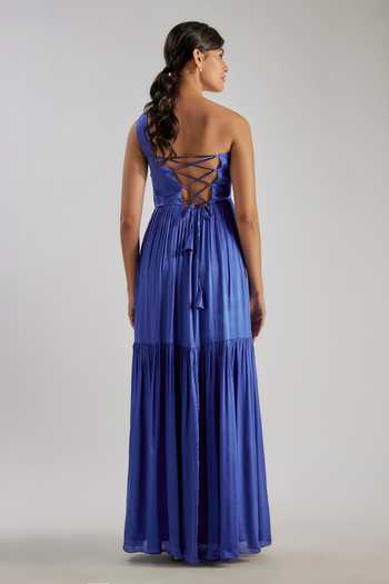 Shop_Essay By Sumedha Agrawal_Blue Bemberg, Satin, Chiffon One Shoulder Pleated Maxi Dress _at_Aza_Fashions